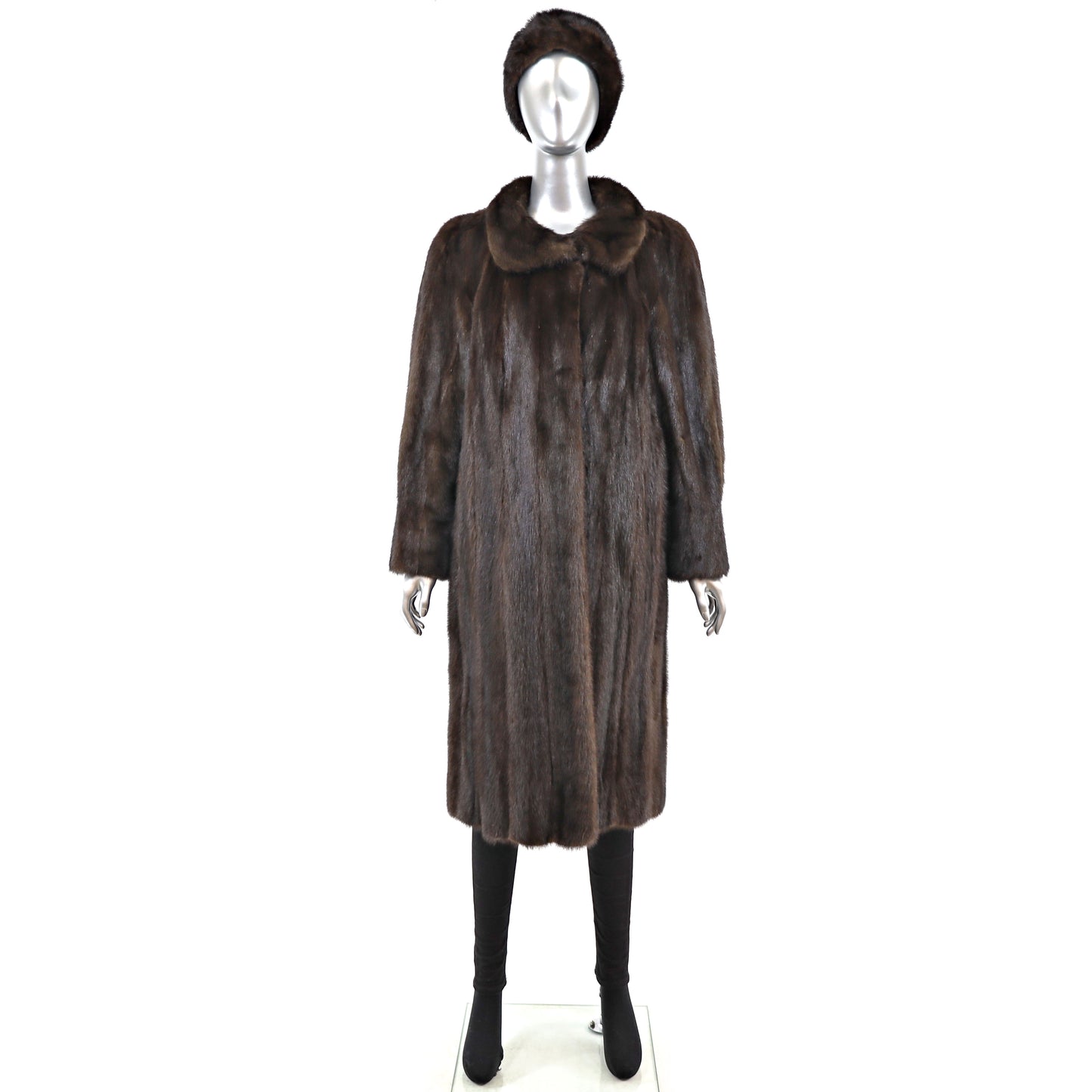 Dark Brown Mink Coat with Matching Hat- Size L