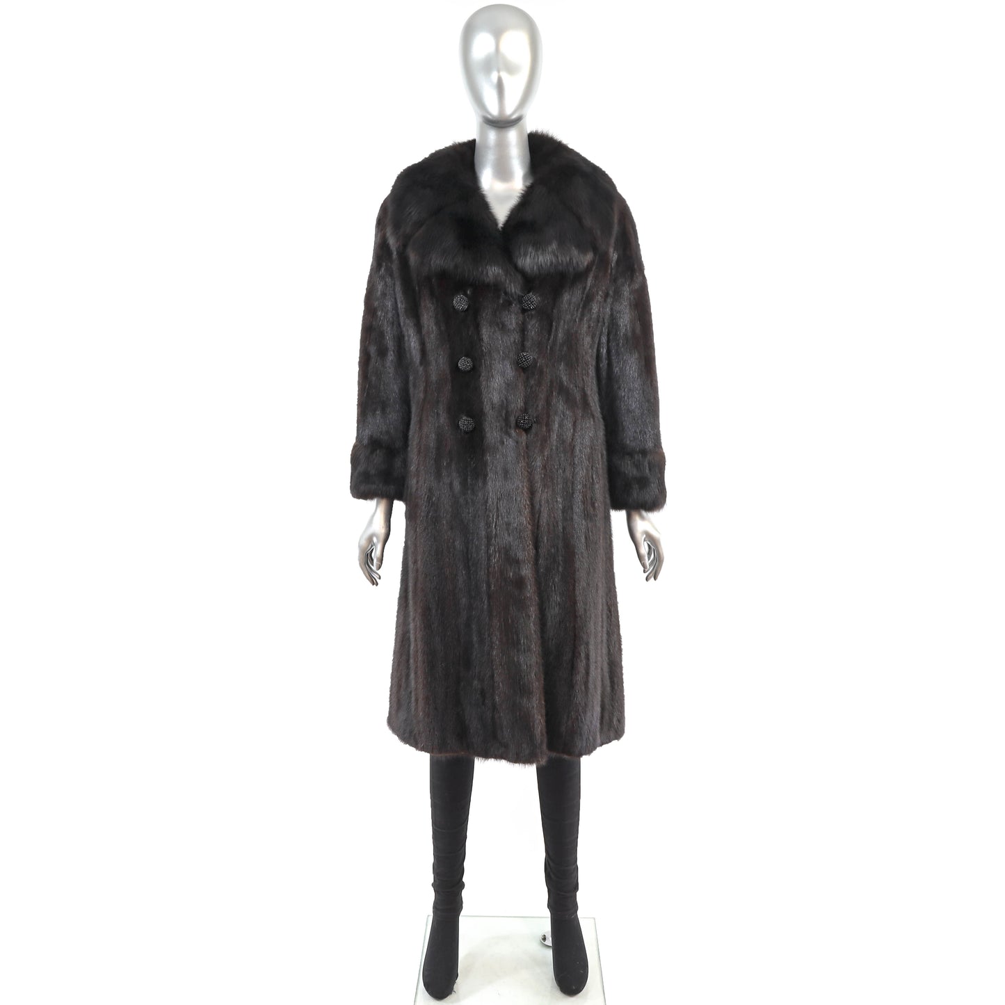 Dark Brown Mink Coat with Sable Collar and Cuffs- Size S