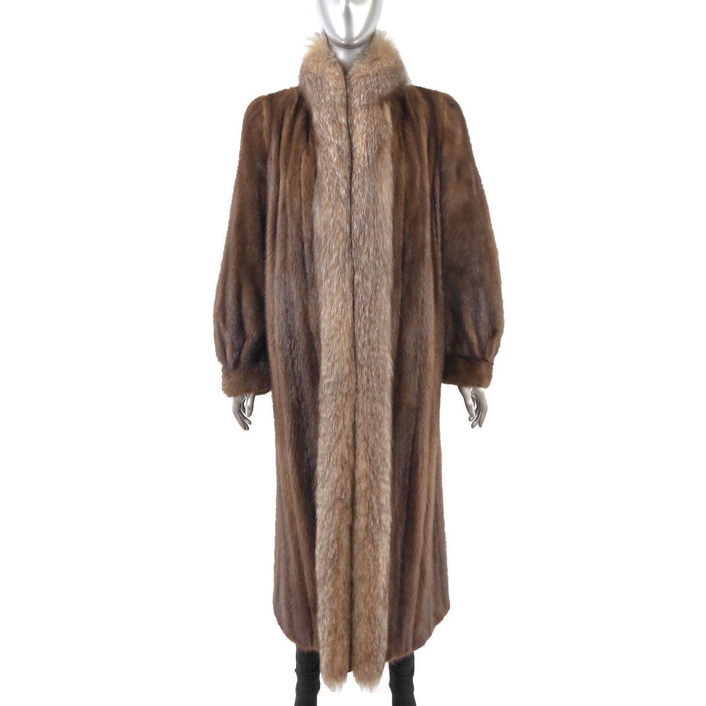 Brown Mink Coat with Crystal Fox Tuxedo- Size L