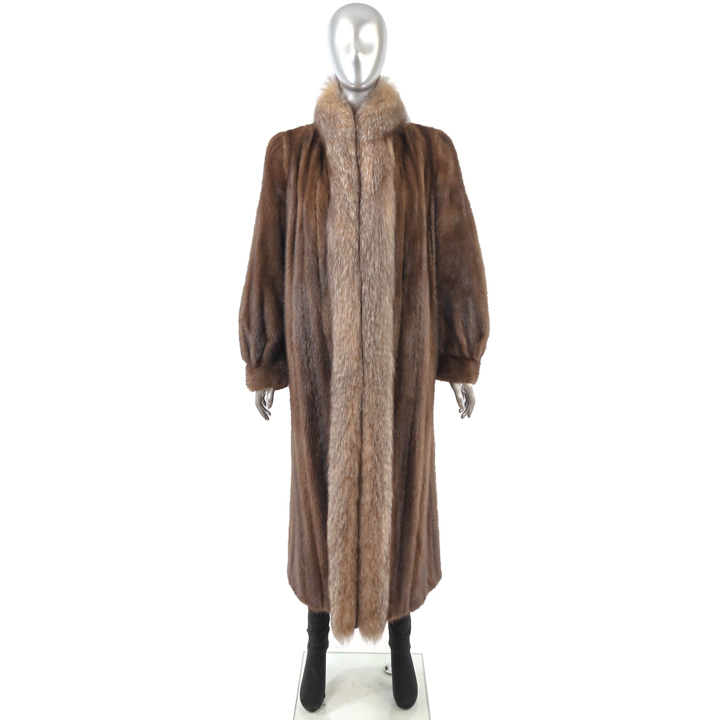 Brown Mink Coat with Crystal Fox Tuxedo- Size L