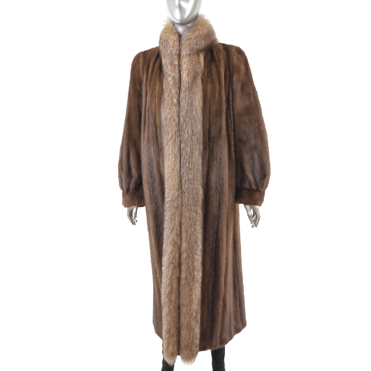 Brown Mink Coat with Crystal Fox Tuxedo- Size L