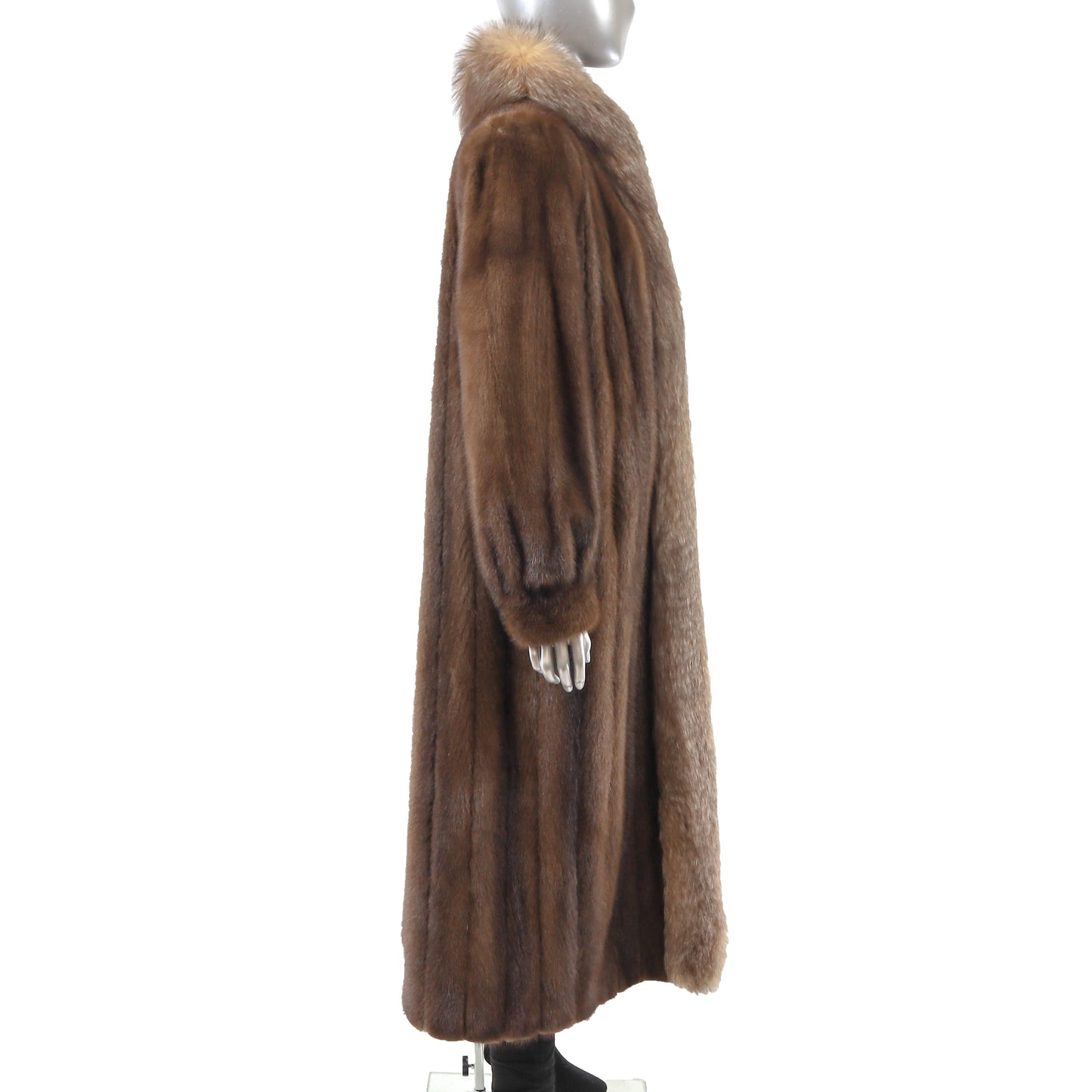 Brown Mink Coat with Crystal Fox Tuxedo- Size L