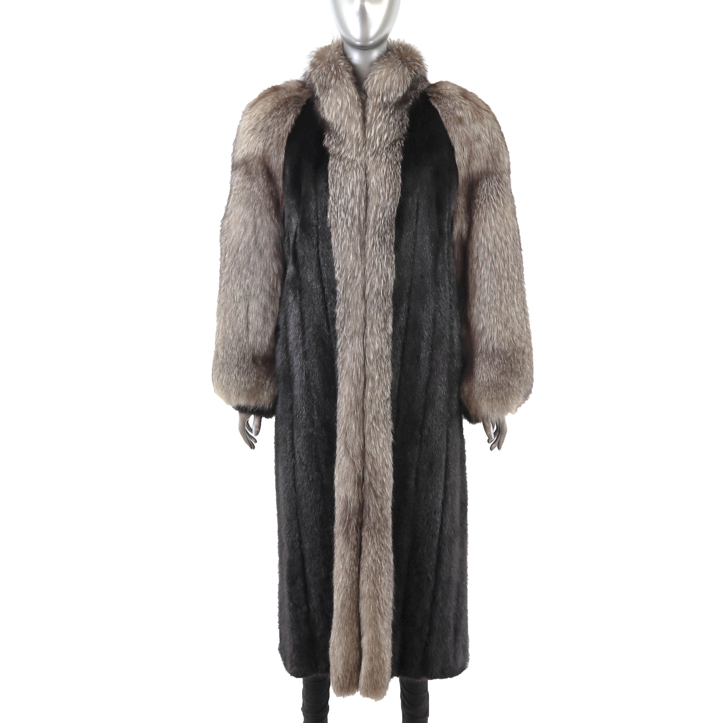 Black Mink Coat with Silver Fox Tuxedo and Sleeves- Size L