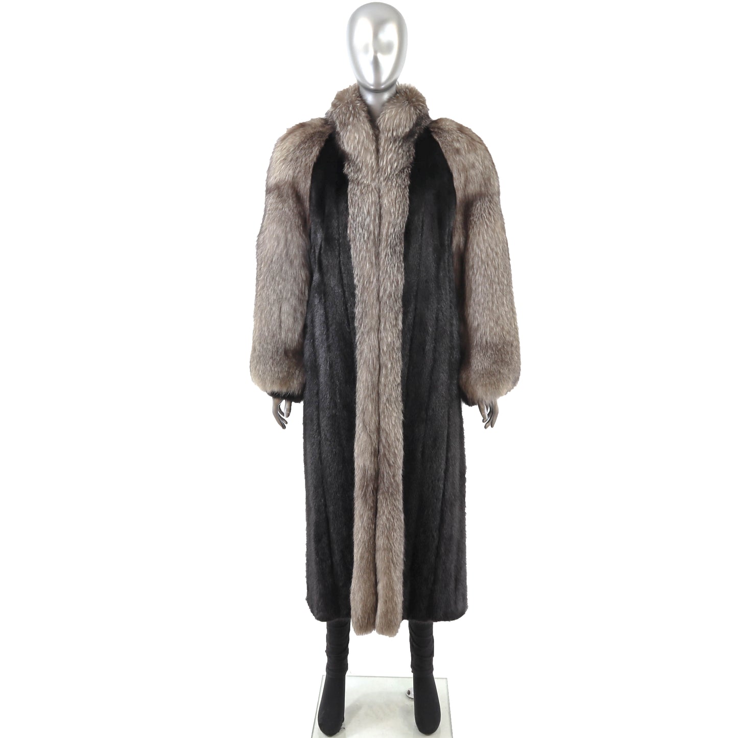 Black Mink Coat with Silver Fox Tuxedo and Sleeves- Size L