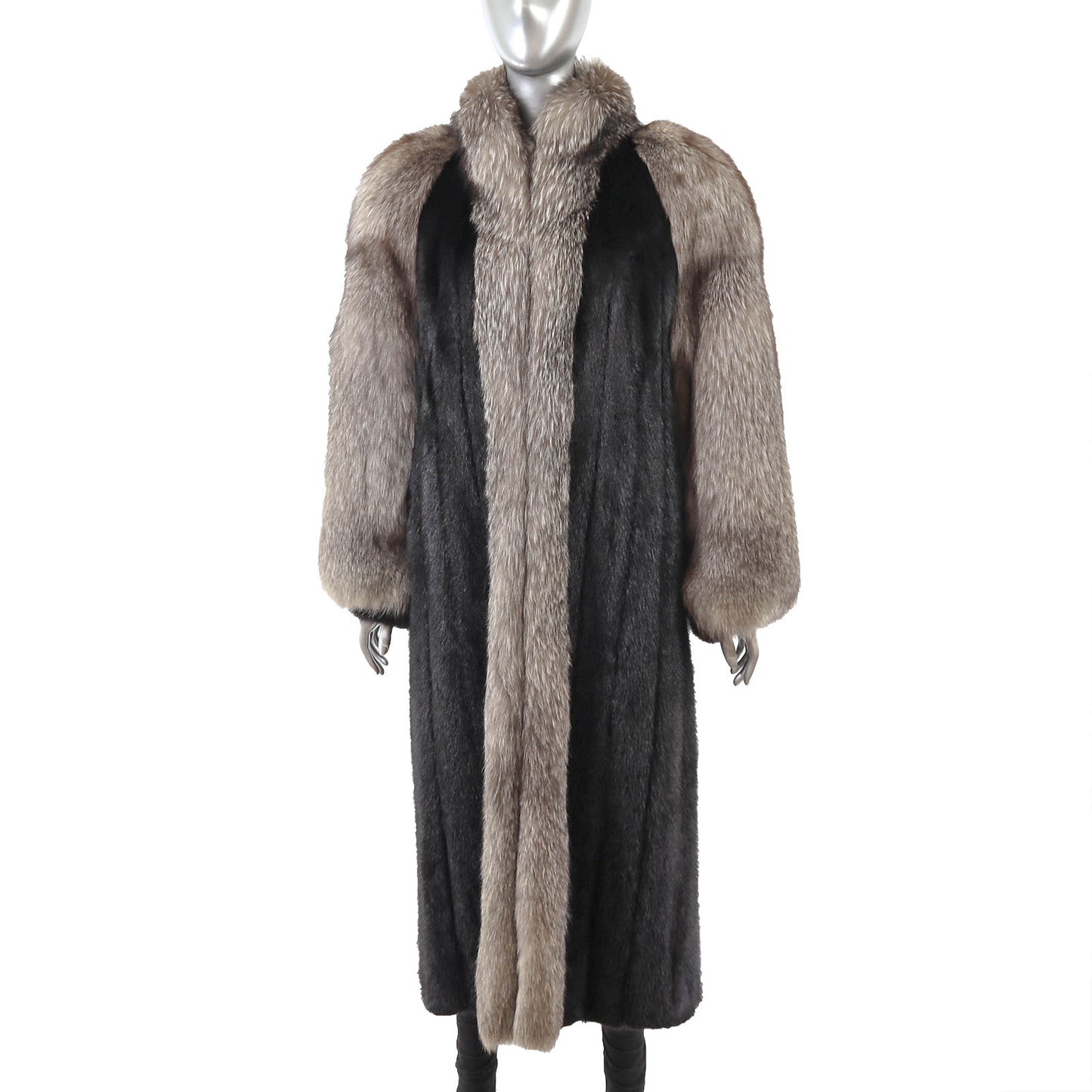 Black Mink Coat with Silver Fox Tuxedo and Sleeves- Size L