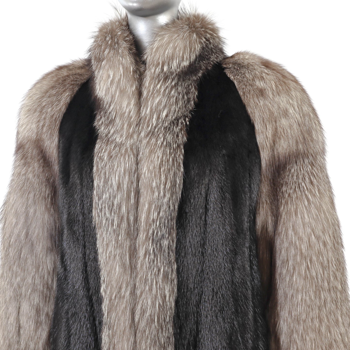 Black Mink Coat with Silver Fox Tuxedo and Sleeves- Size L