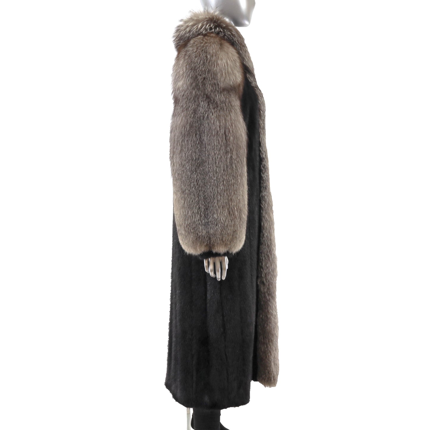 Black Mink Coat with Silver Fox Tuxedo and Sleeves- Size L