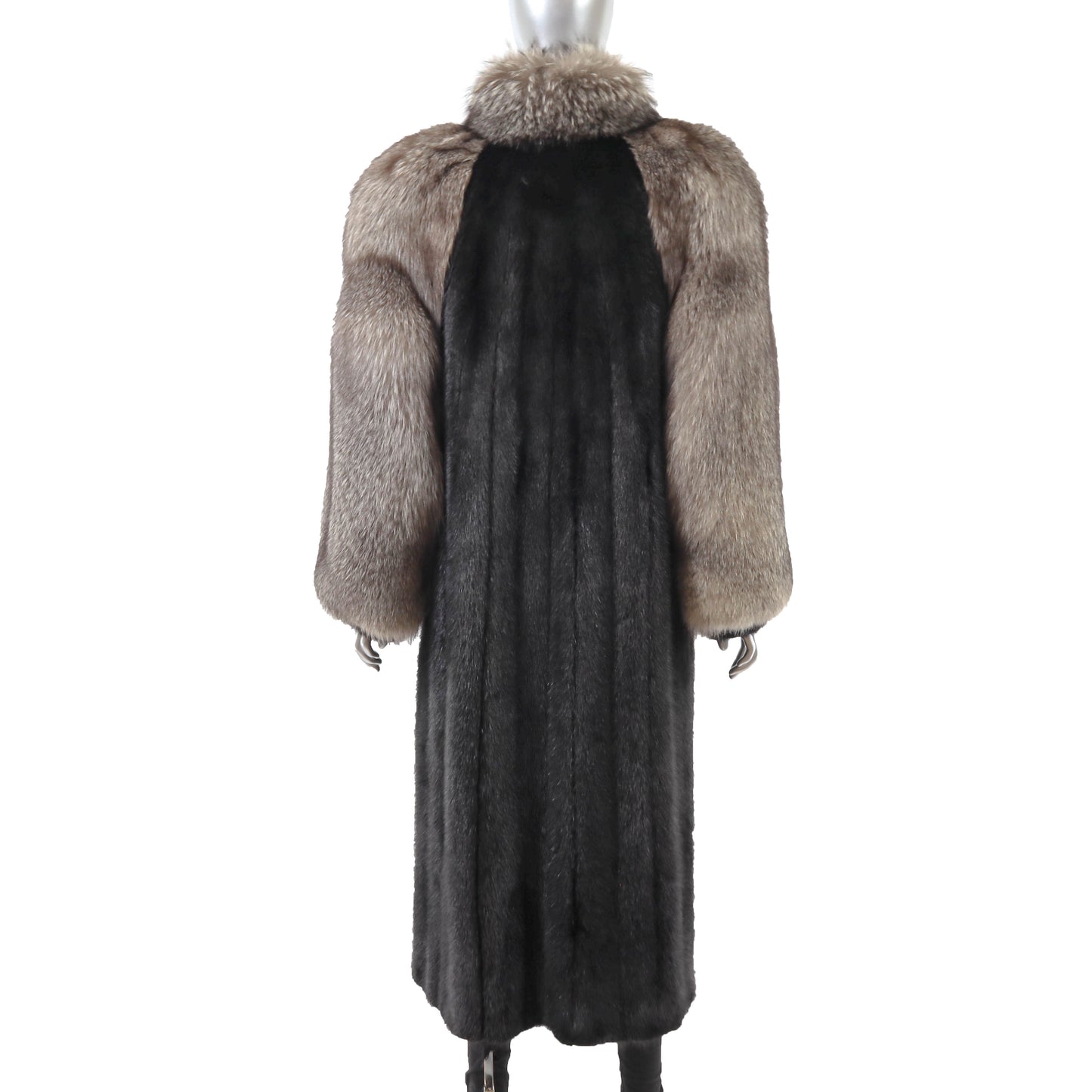 Black Mink Coat with Silver Fox Tuxedo and Sleeves- Size L