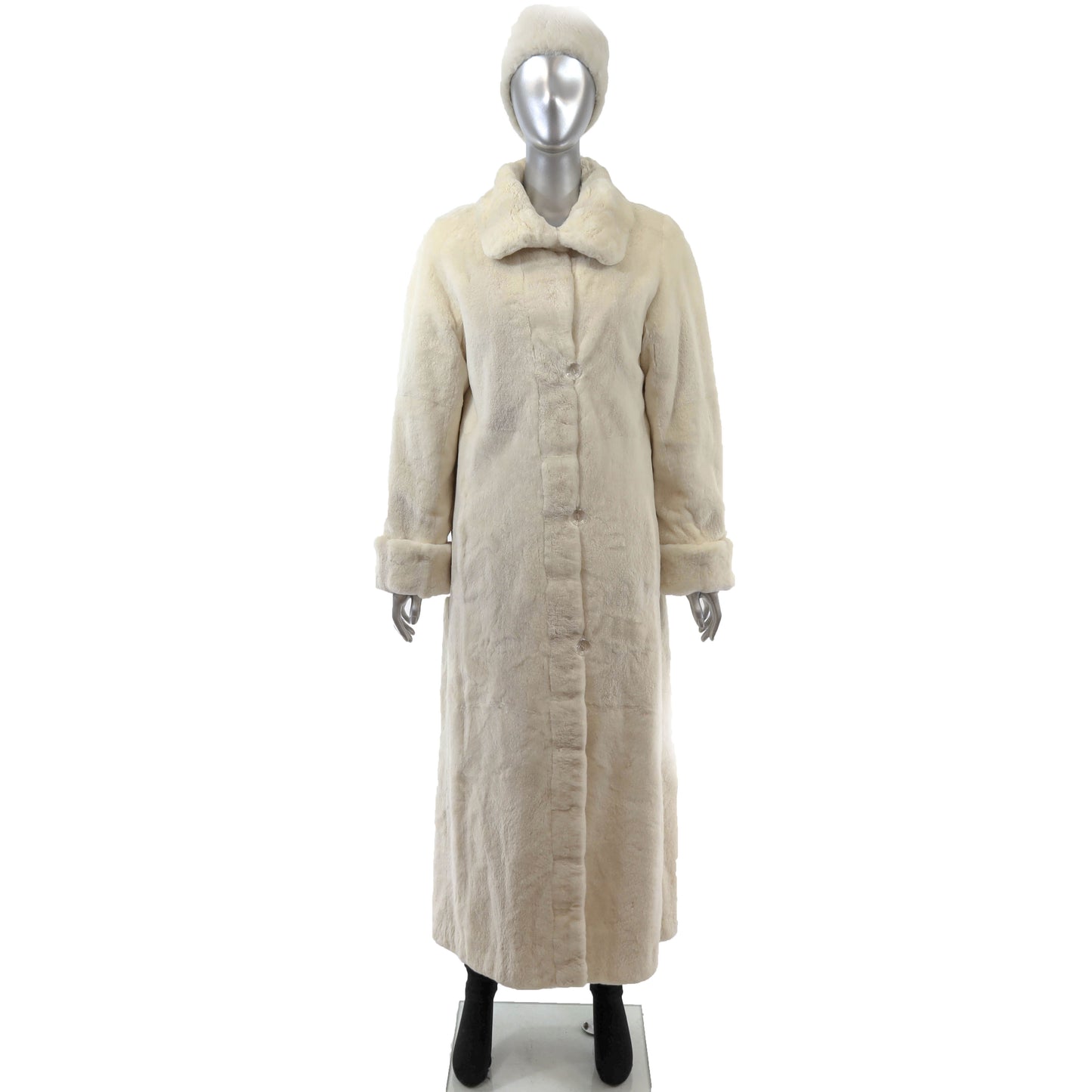 White Sheared Mink Coat Reversible to Taffeta with Matching Headband- Size M
