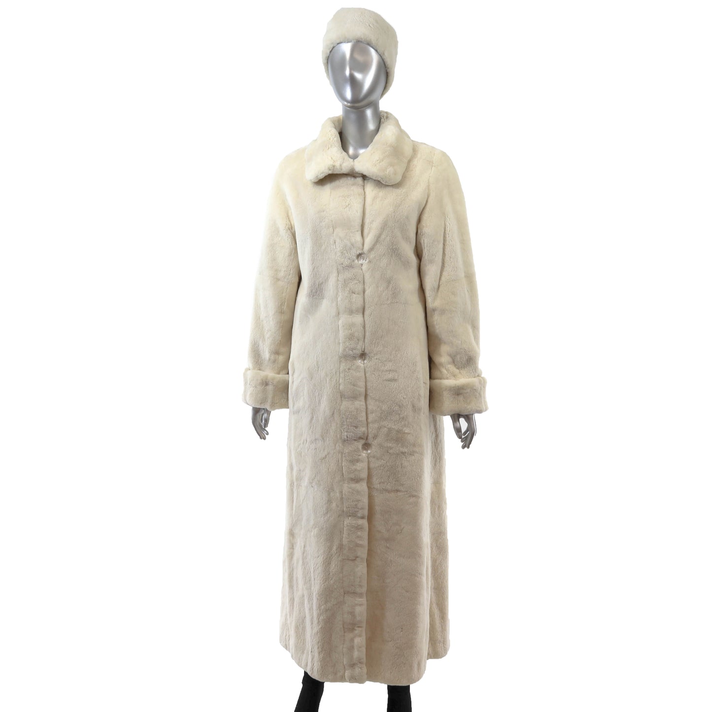 White Sheared Mink Coat Reversible to Taffeta with Matching Headband- Size M
