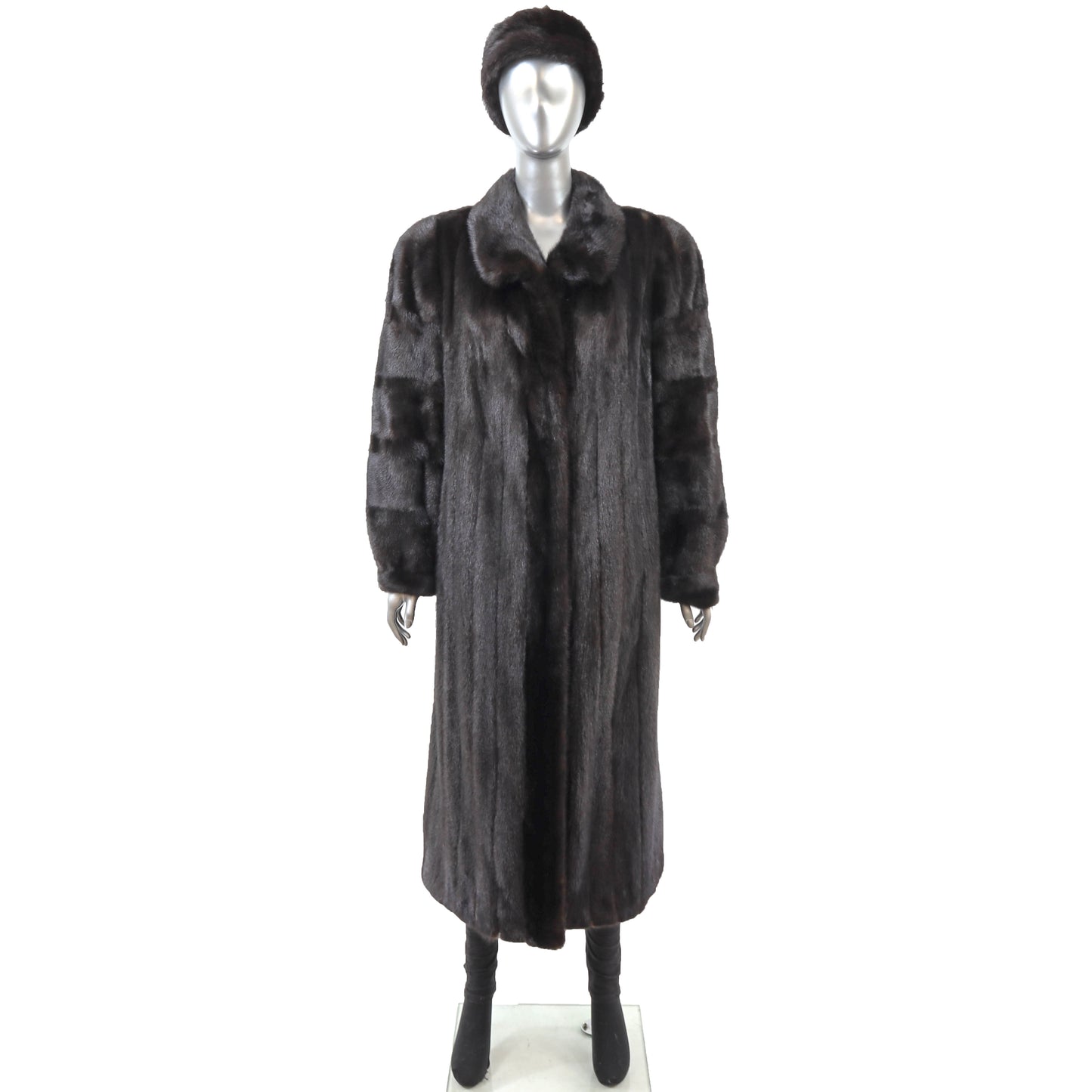 Black Mink Coat with Matching Hat- Size XL