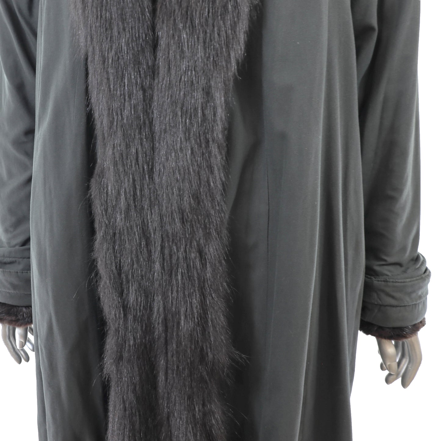Black Section Mink Coat Reversible to Taffeta with Fox Tuxedo- Size L