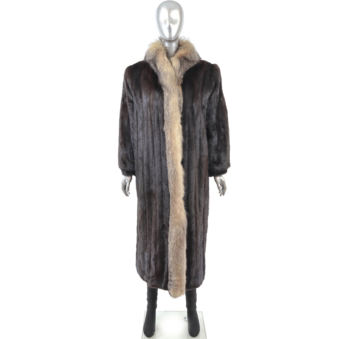Dark Brown Mink Coat with Fox Tuxedo- Size L