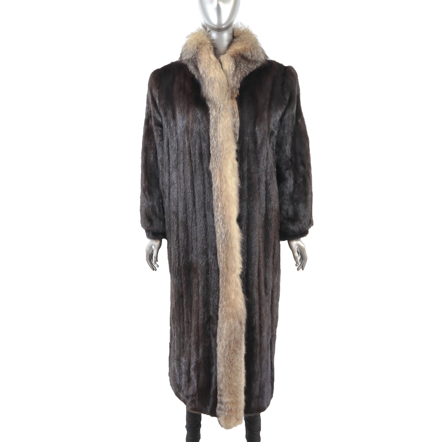 Dark Brown Mink Coat with Fox Tuxedo- Size L