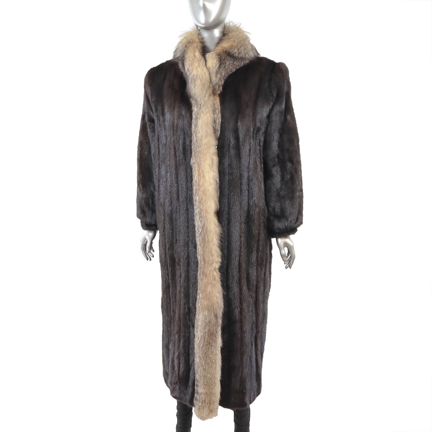 Dark Brown Mink Coat with Fox Tuxedo- Size L