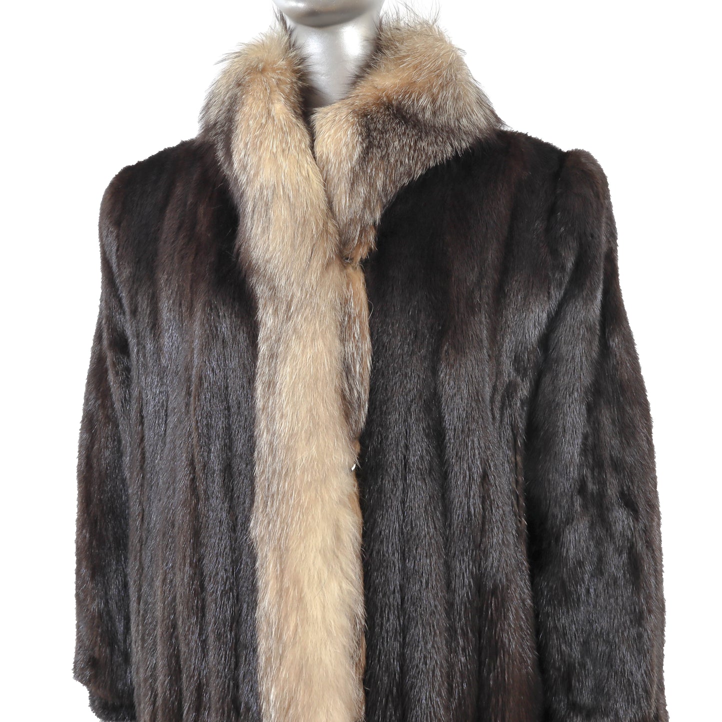 Dark Brown Mink Coat with Fox Tuxedo- Size L