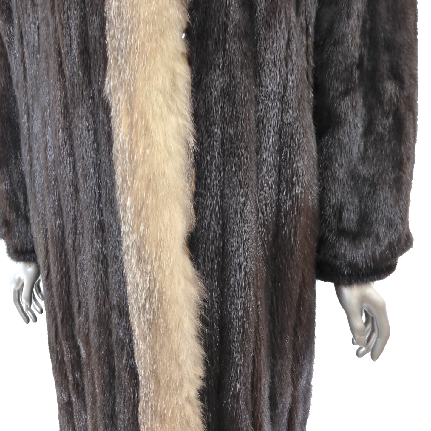 Dark Brown Mink Coat with Fox Tuxedo- Size L