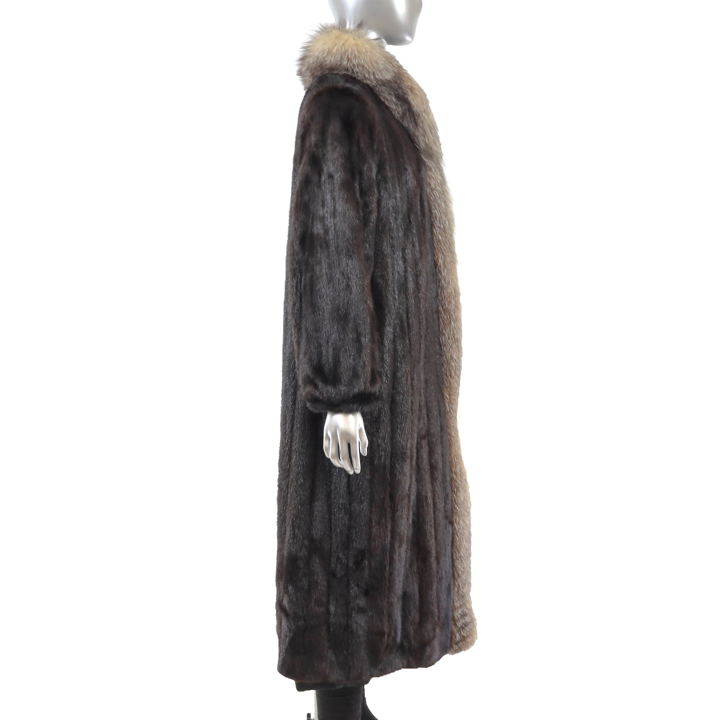 Dark Brown Mink Coat with Fox Tuxedo- Size L