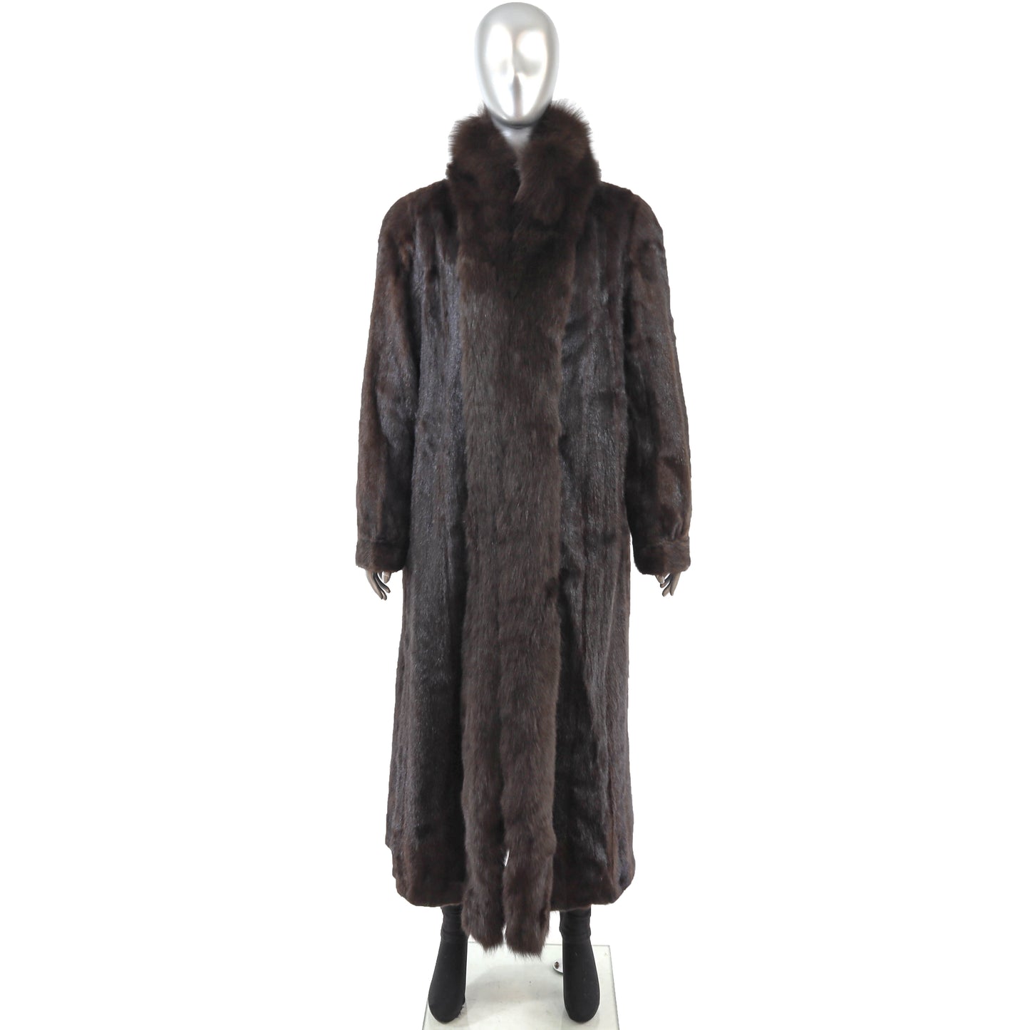 Brown Mink Coat with Fox Tuxedo- Size XL