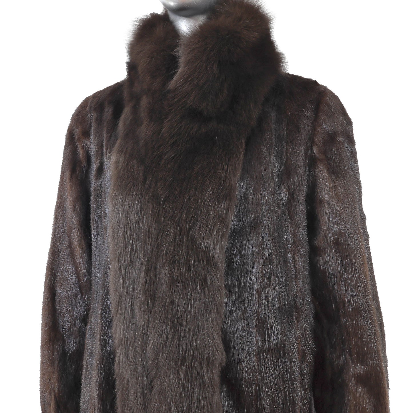 Brown Mink Coat with Fox Tuxedo- Size XL
