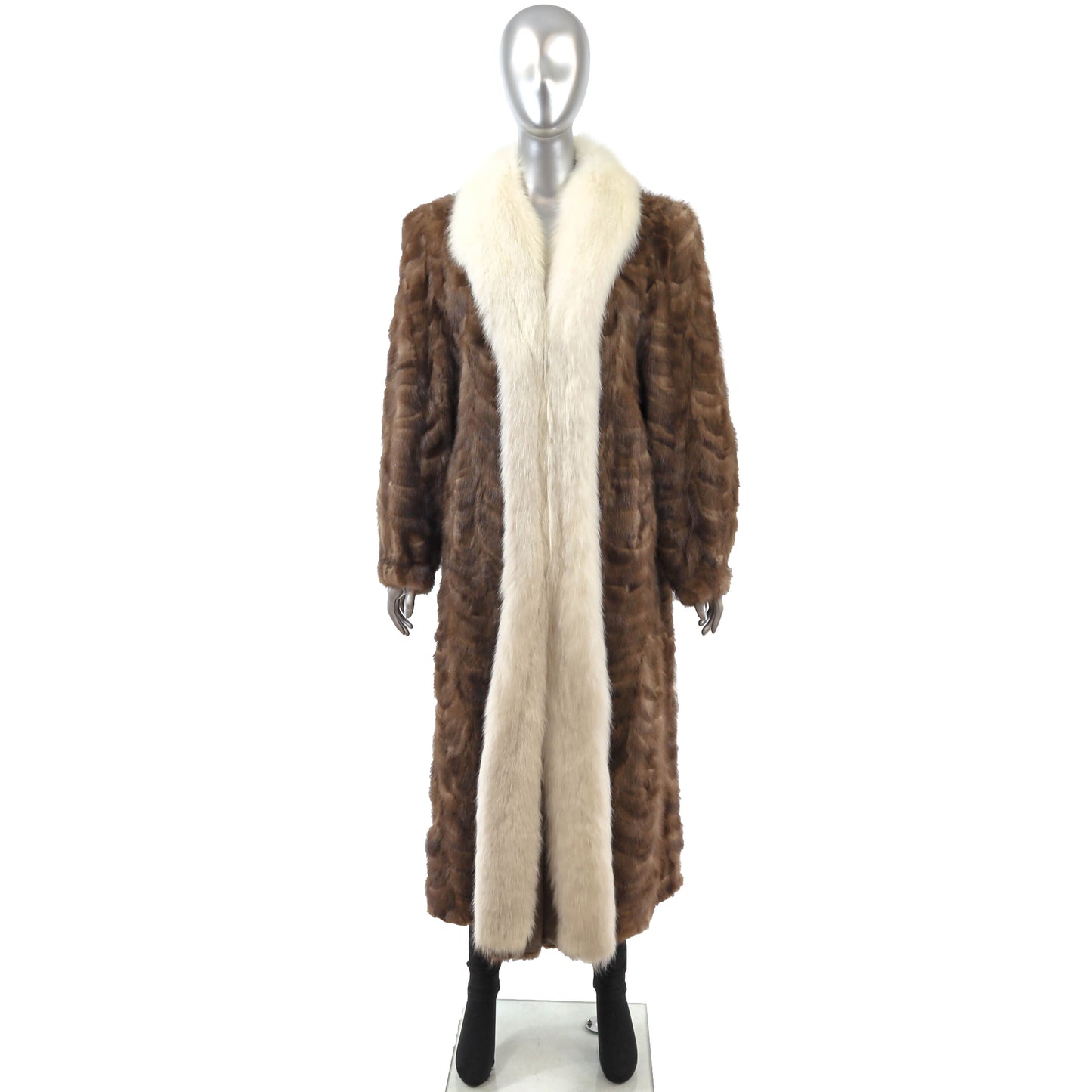 Light Brown Section Mink Coat with Fox Tuxedo- Size M