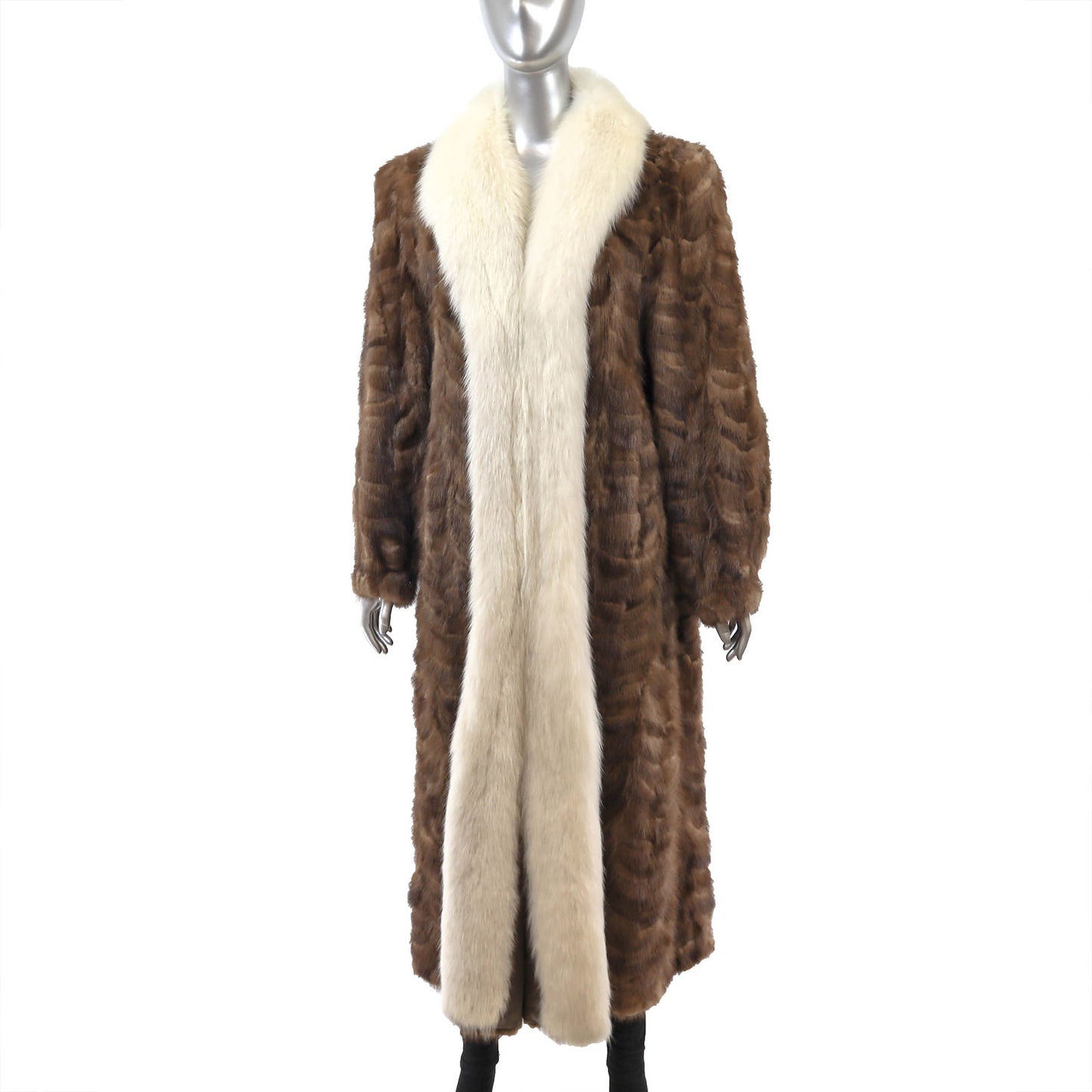 Light Brown Section Mink Coat with Fox Tuxedo- Size M
