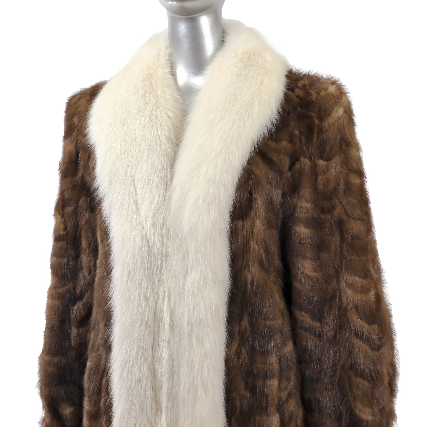 Light Brown Section Mink Coat with Fox Tuxedo- Size M