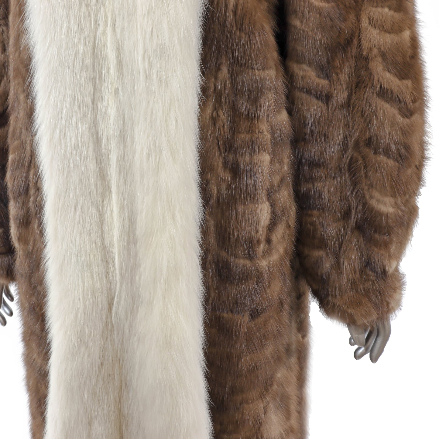 Light Brown Section Mink Coat with Fox Tuxedo- Size M