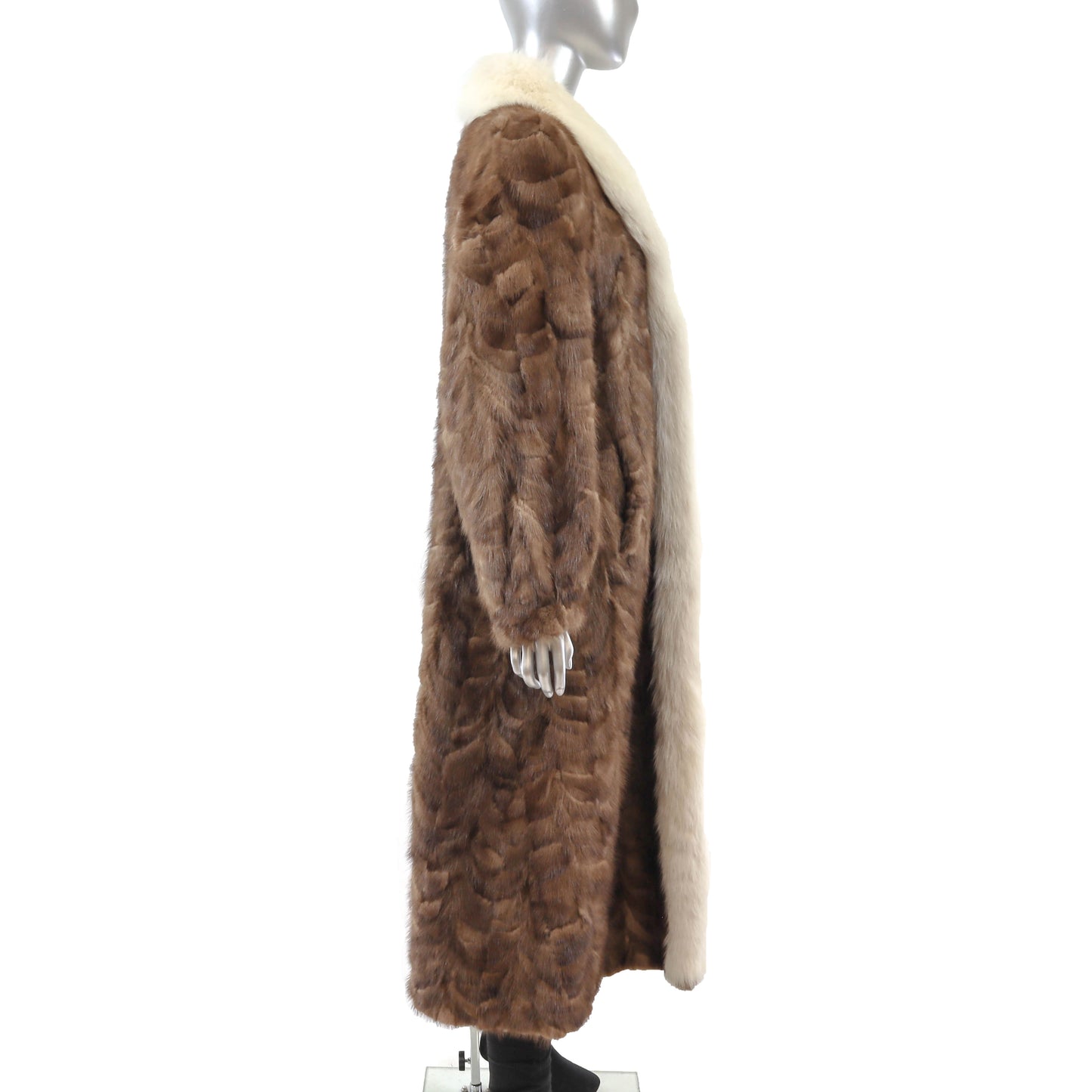 Light Brown Section Mink Coat with Fox Tuxedo- Size M
