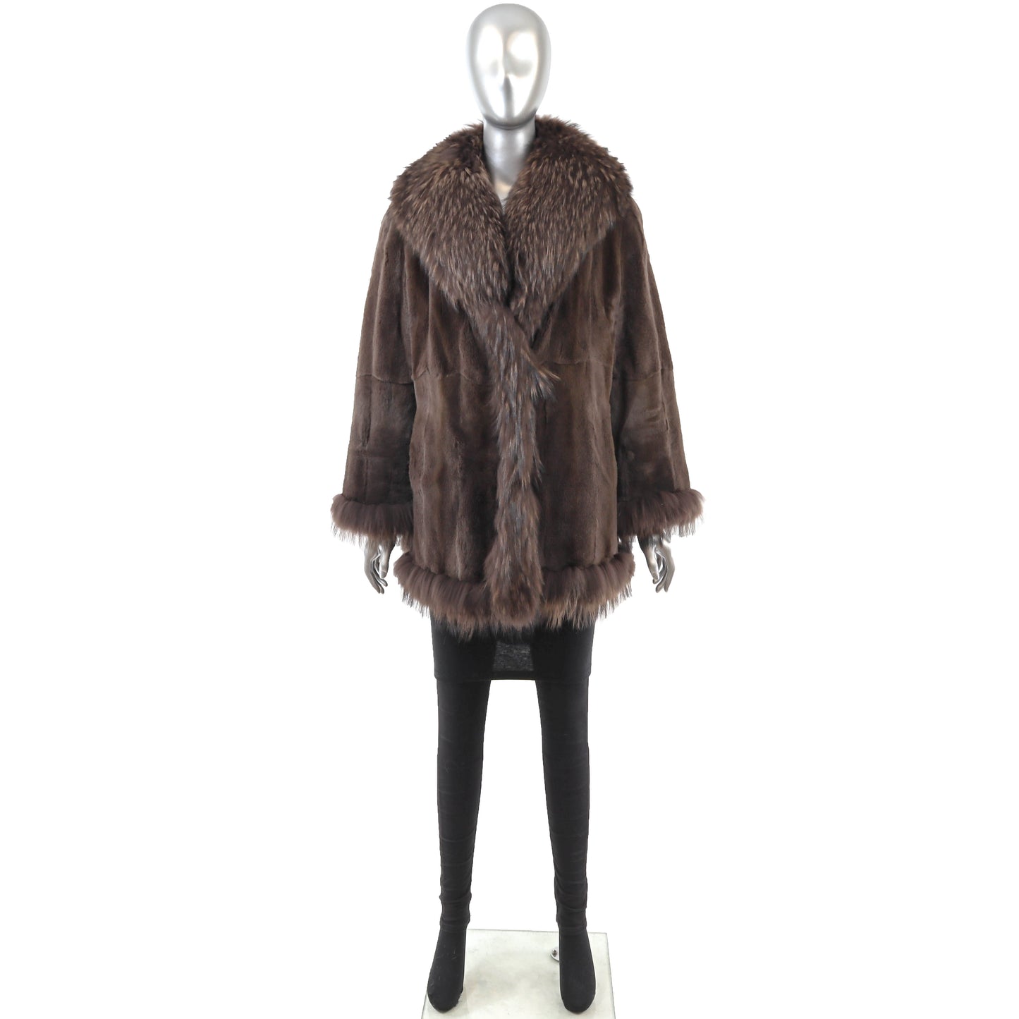 Brown Sheared Mink Jacket with Raccoon Trim- Size L