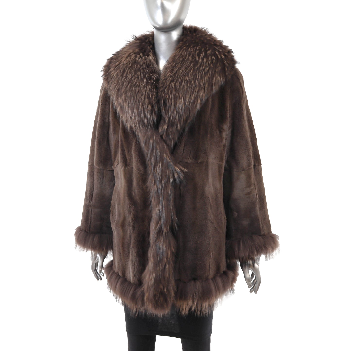Brown Sheared Mink Jacket with Raccoon Trim- Size L