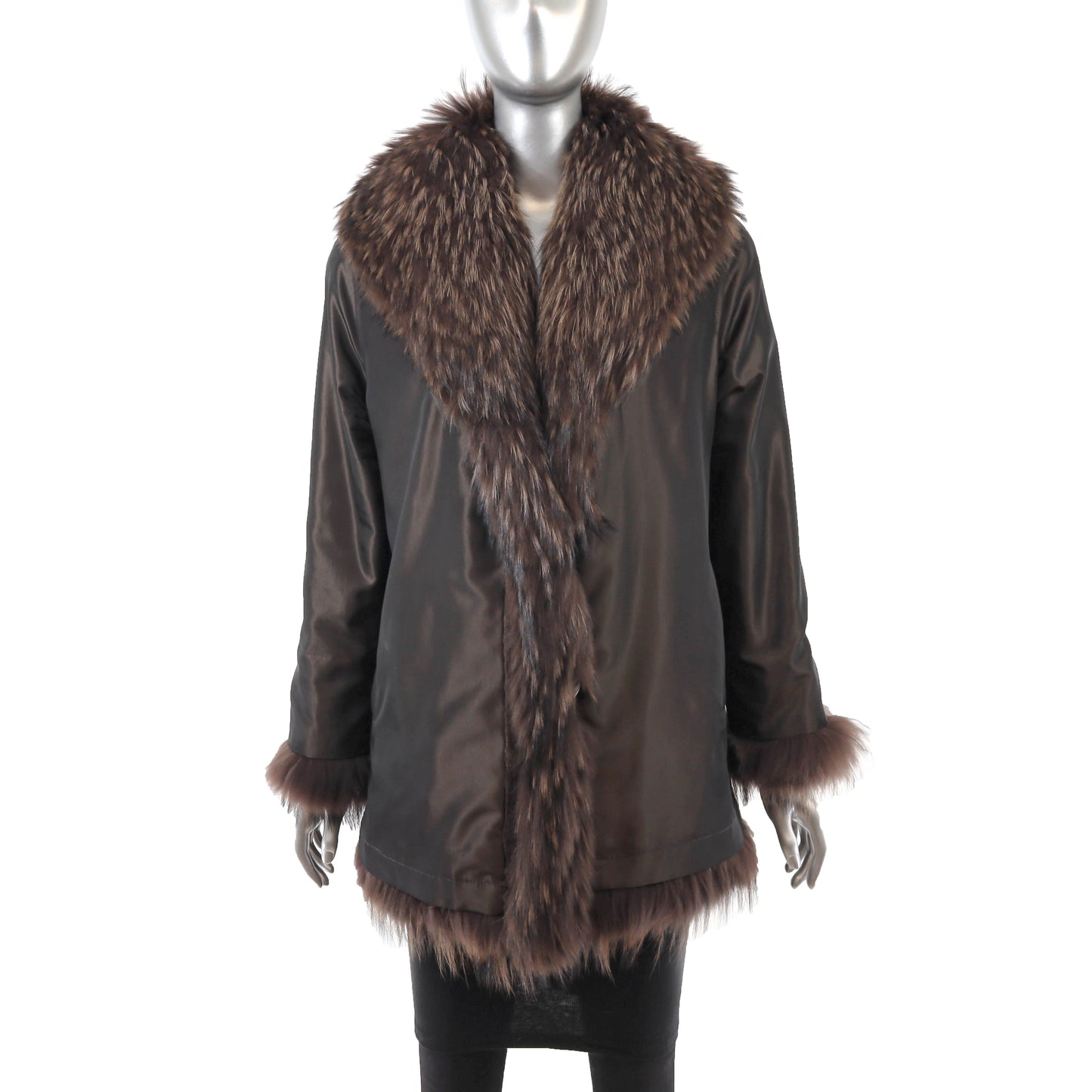 Brown Sheared Mink Jacket with Raccoon Trim- Size L