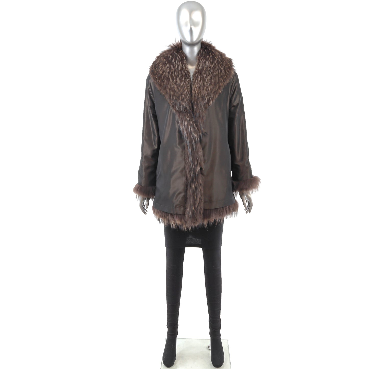 Brown Sheared Mink Jacket with Raccoon Trim- Size L