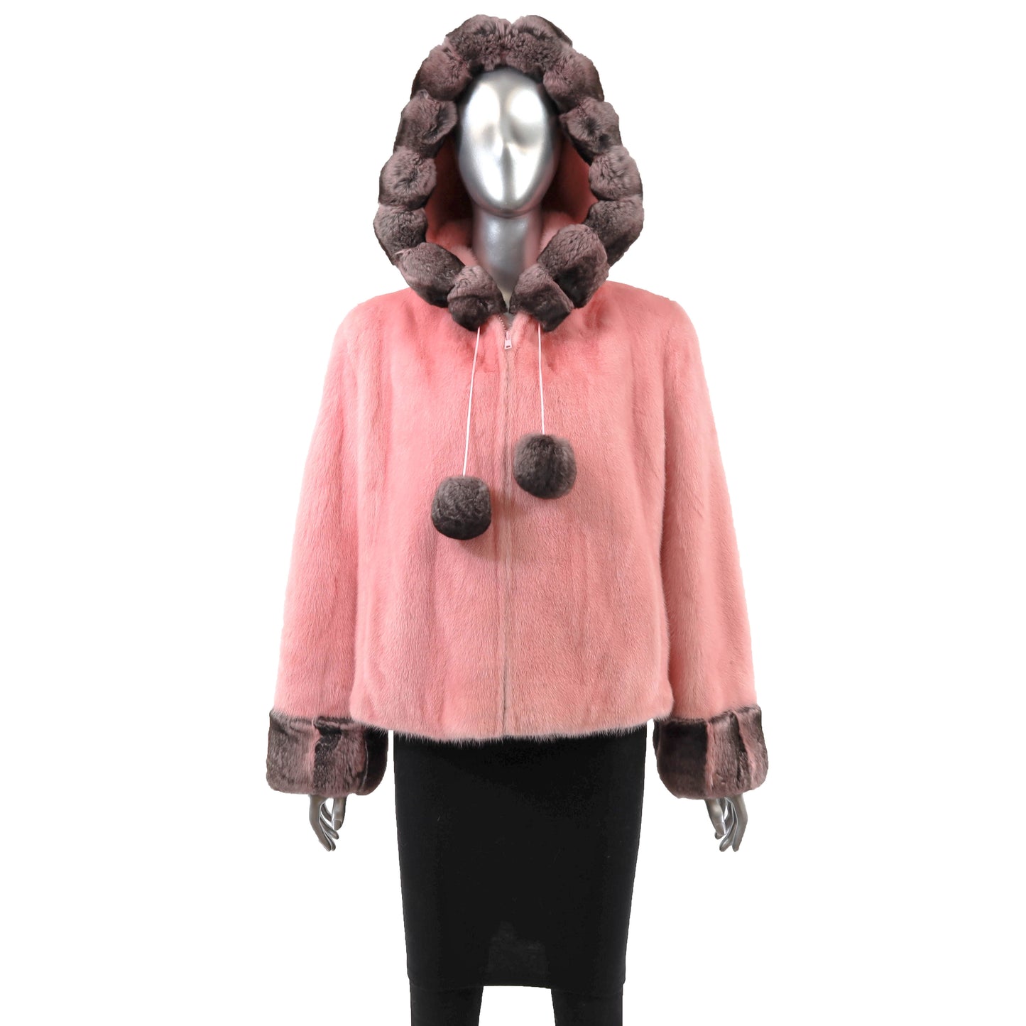 Pink Hooded Mink Jacket with Chinchilla Trim- Size S