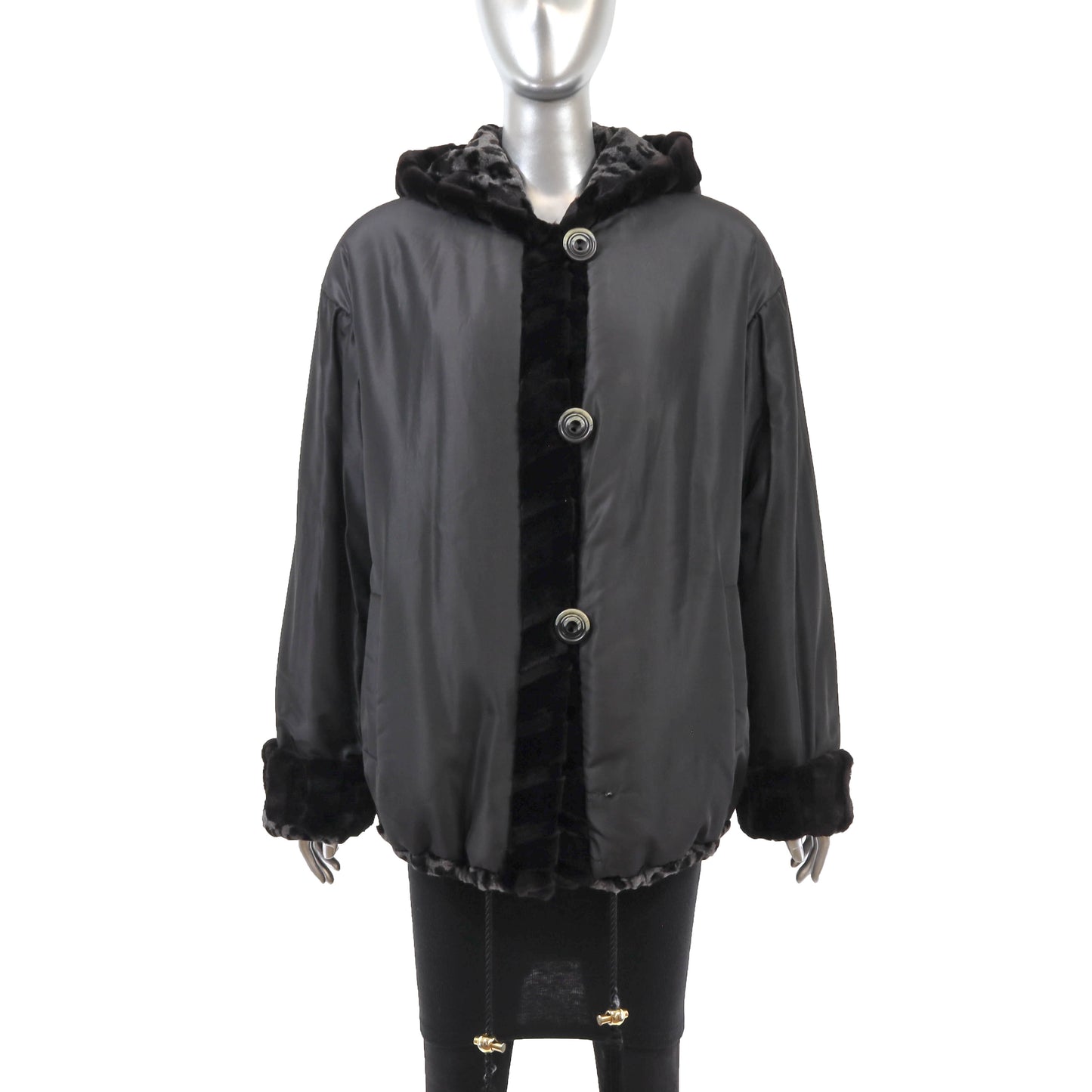 Sheared Hooded Mink Jacket Reversible to Taffeta- Size XL