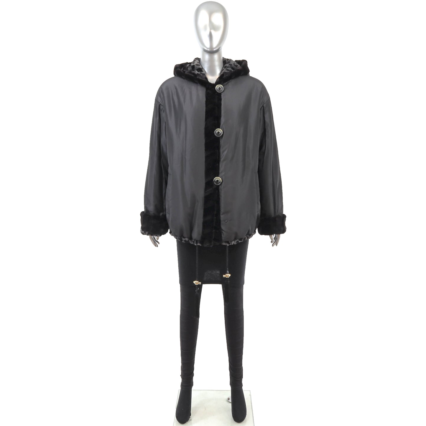 Sheared Hooded Mink Jacket Reversible to Taffeta- Size XL