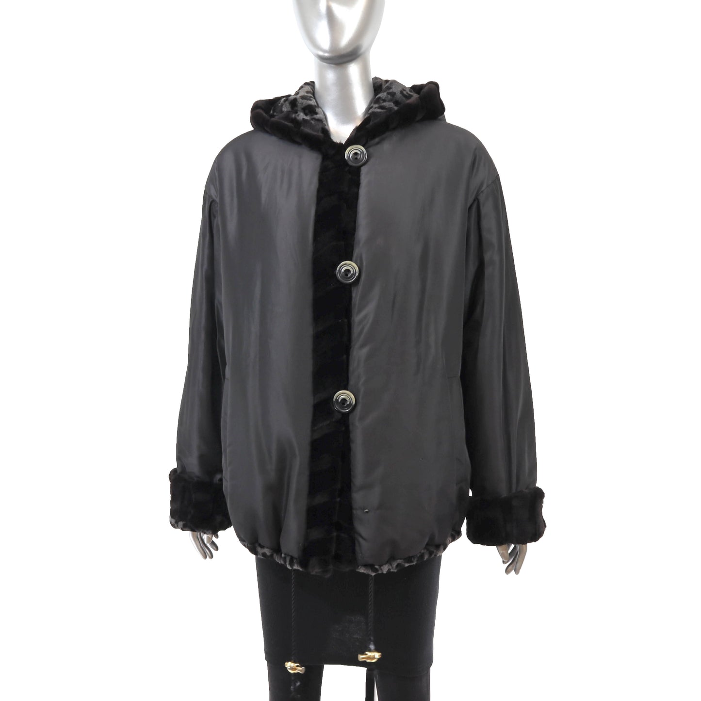 Sheared Hooded Mink Jacket Reversible to Taffeta- Size XL