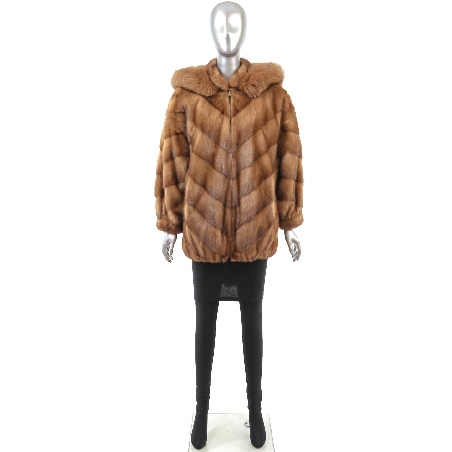 Anne Klein Whiskey Mink Jacket Reversible to Leather with Detachable Hood- Size M
