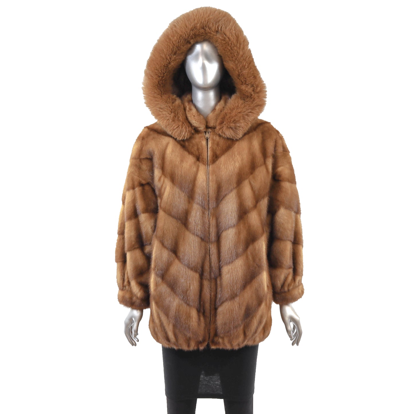 Anne Klein Whiskey Mink Jacket Reversible to Leather with Detachable Hood- Size M