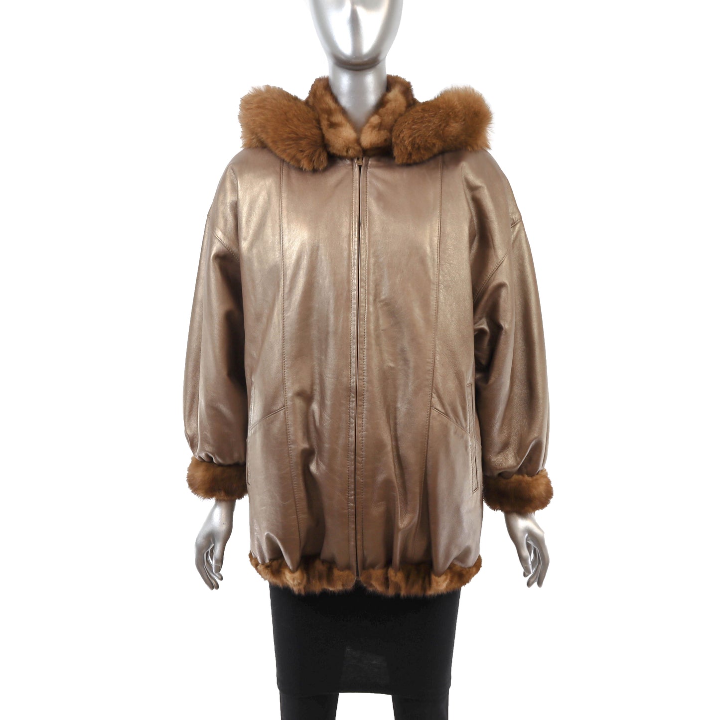 Anne Klein Whiskey Mink Jacket Reversible to Leather with Detachable Hood- Size M