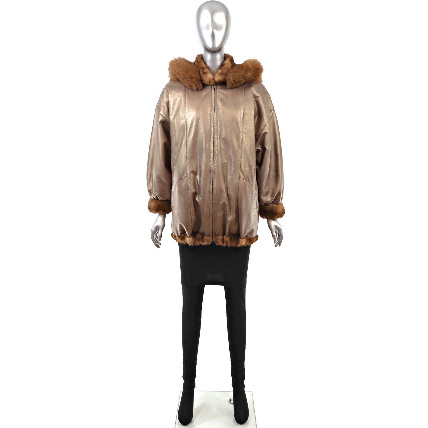 Anne Klein Whiskey Mink Jacket Reversible to Leather with Detachable Hood- Size M