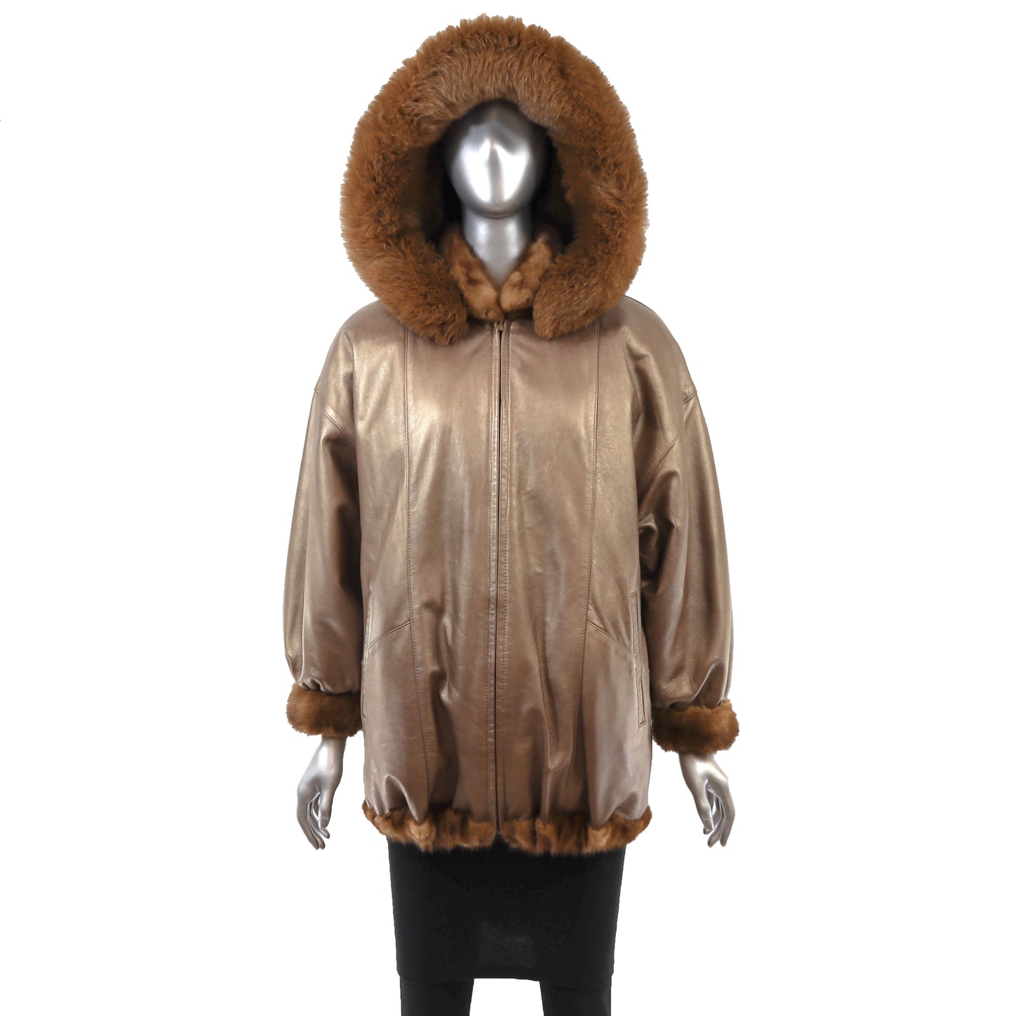 Anne Klein Whiskey Mink Jacket Reversible to Leather with Detachable Hood- Size M