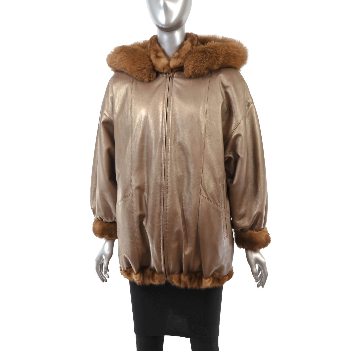 Anne Klein Whiskey Mink Jacket Reversible to Leather with Detachable Hood- Size M