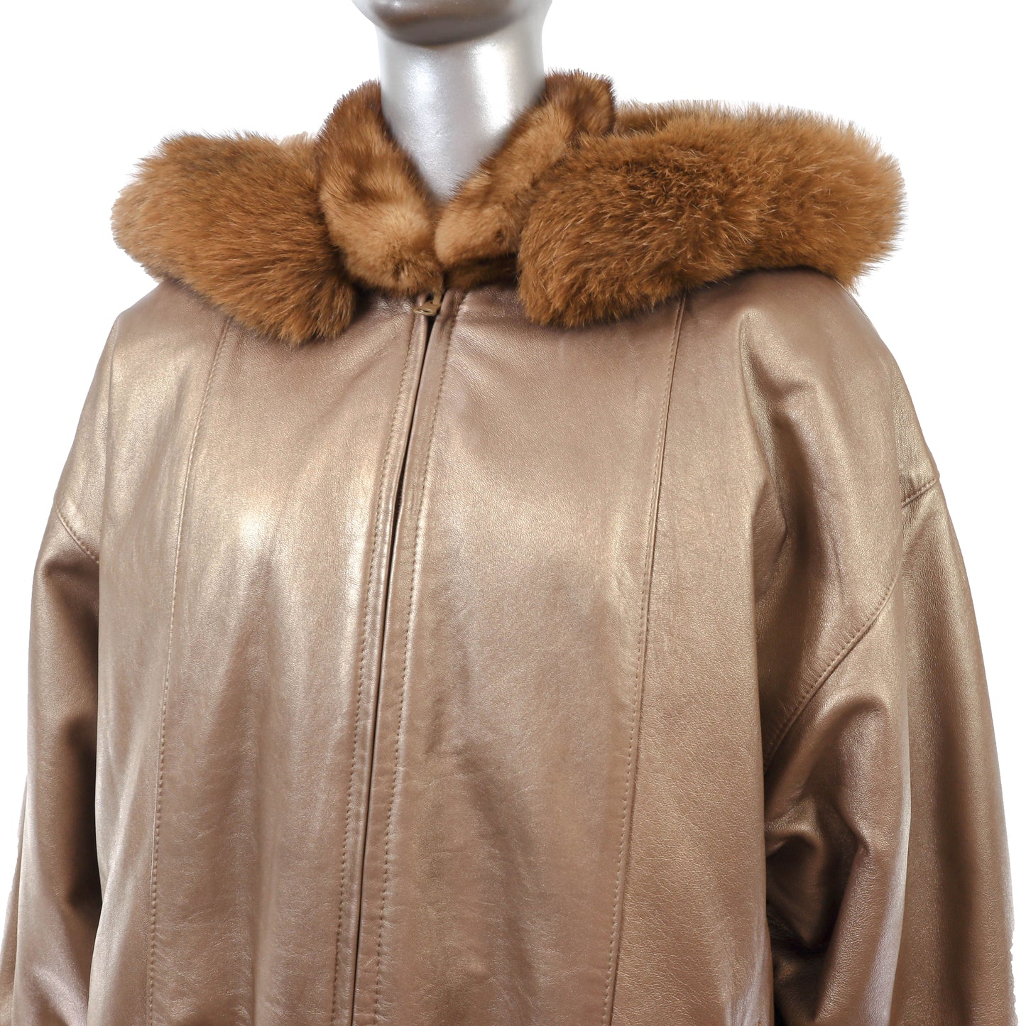 Anne Klein Whiskey Mink Jacket Reversible to Leather with Detachable Hood- Size M