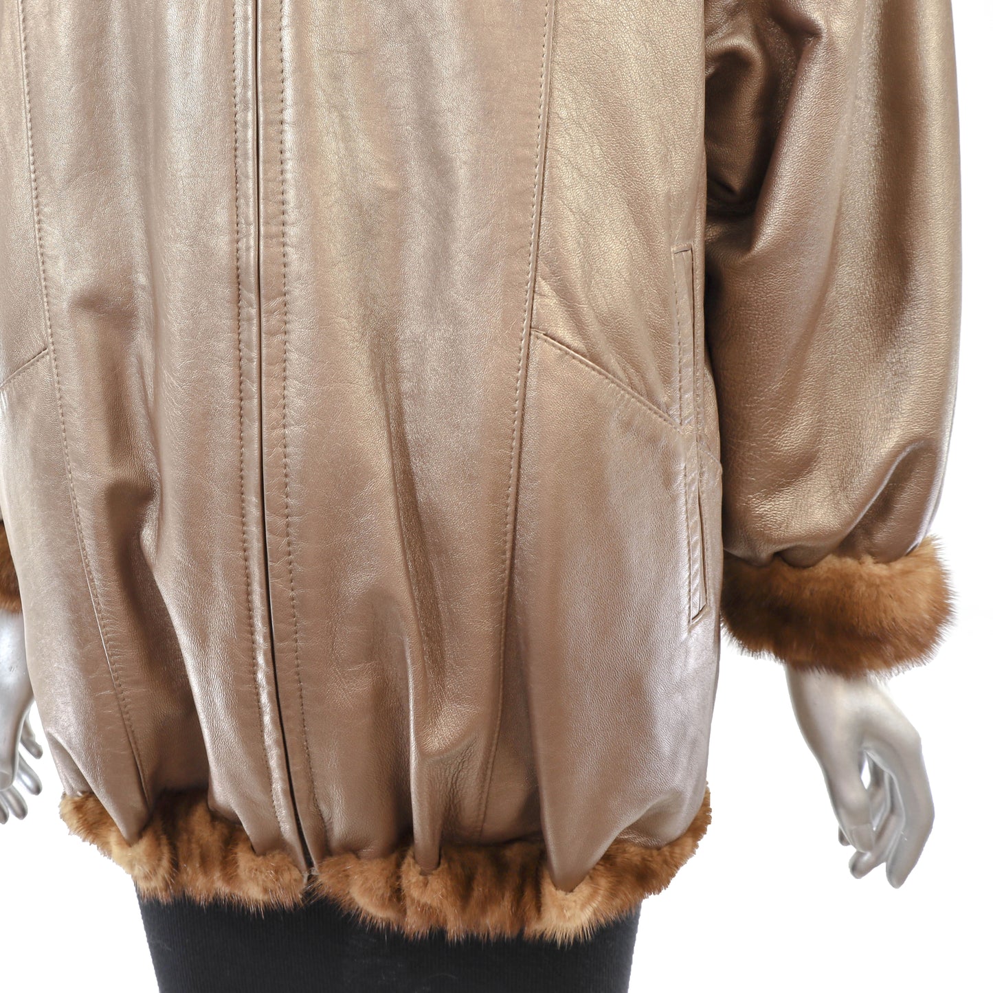 Anne Klein Whiskey Mink Jacket Reversible to Leather with Detachable Hood- Size M