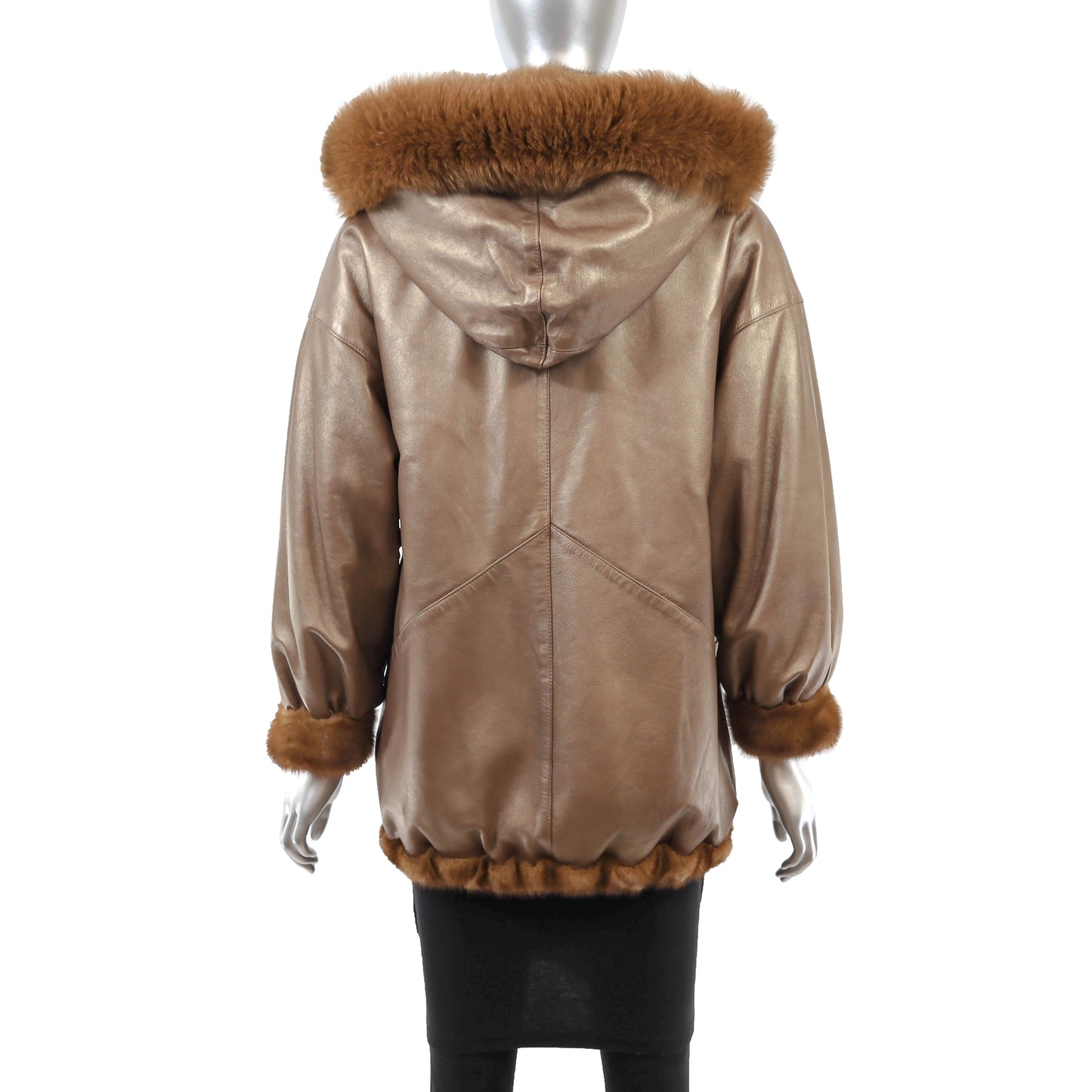 Anne Klein Whiskey Mink Jacket Reversible to Leather with Detachable Hood- Size M