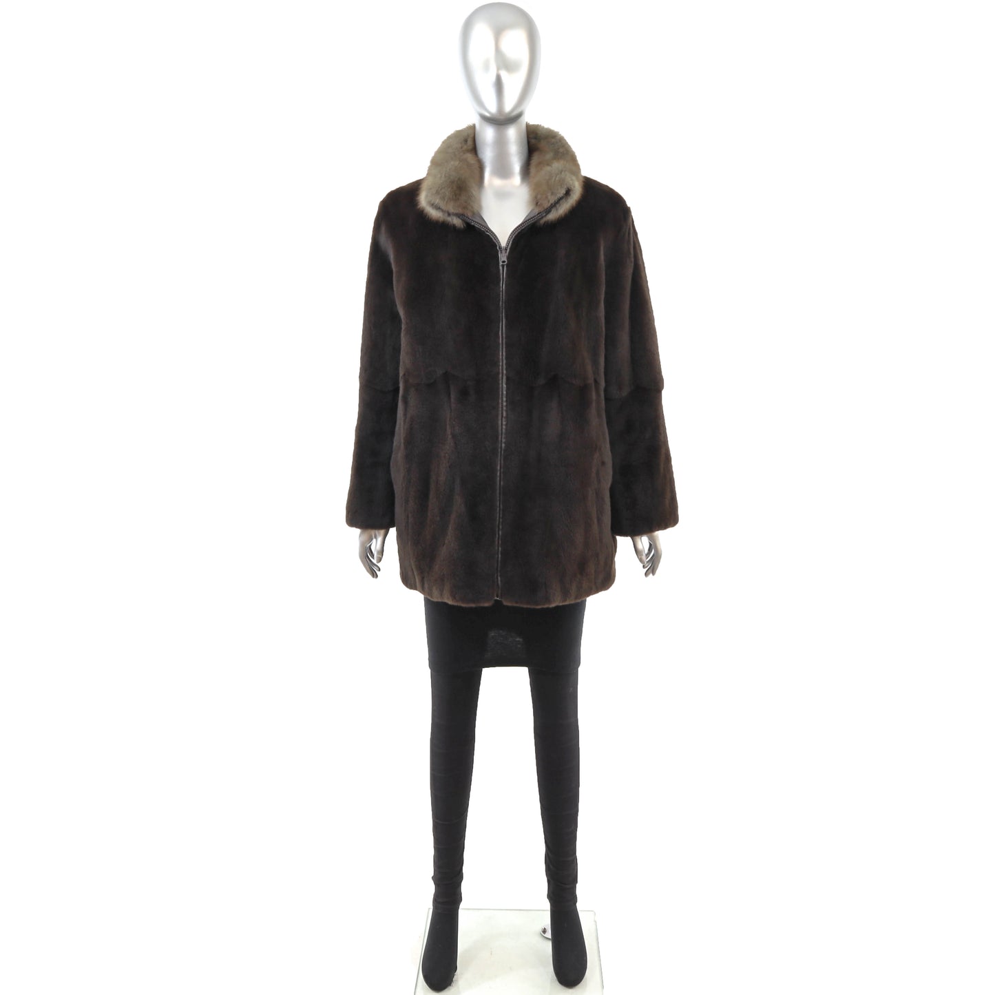Sheared Mink Jacket Reversible to Leather with Sable Collar- Size M