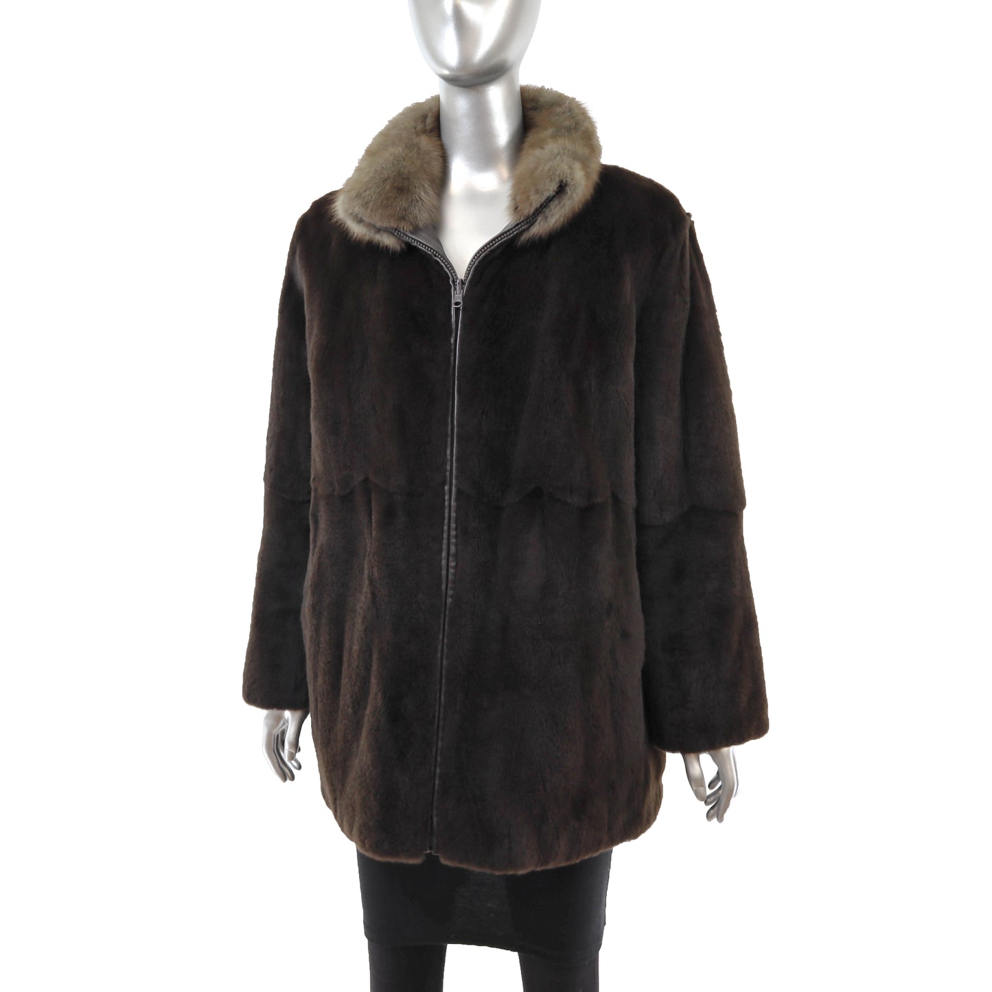 Sheared Mink Jacket Reversible to Leather with Sable Collar- Size M