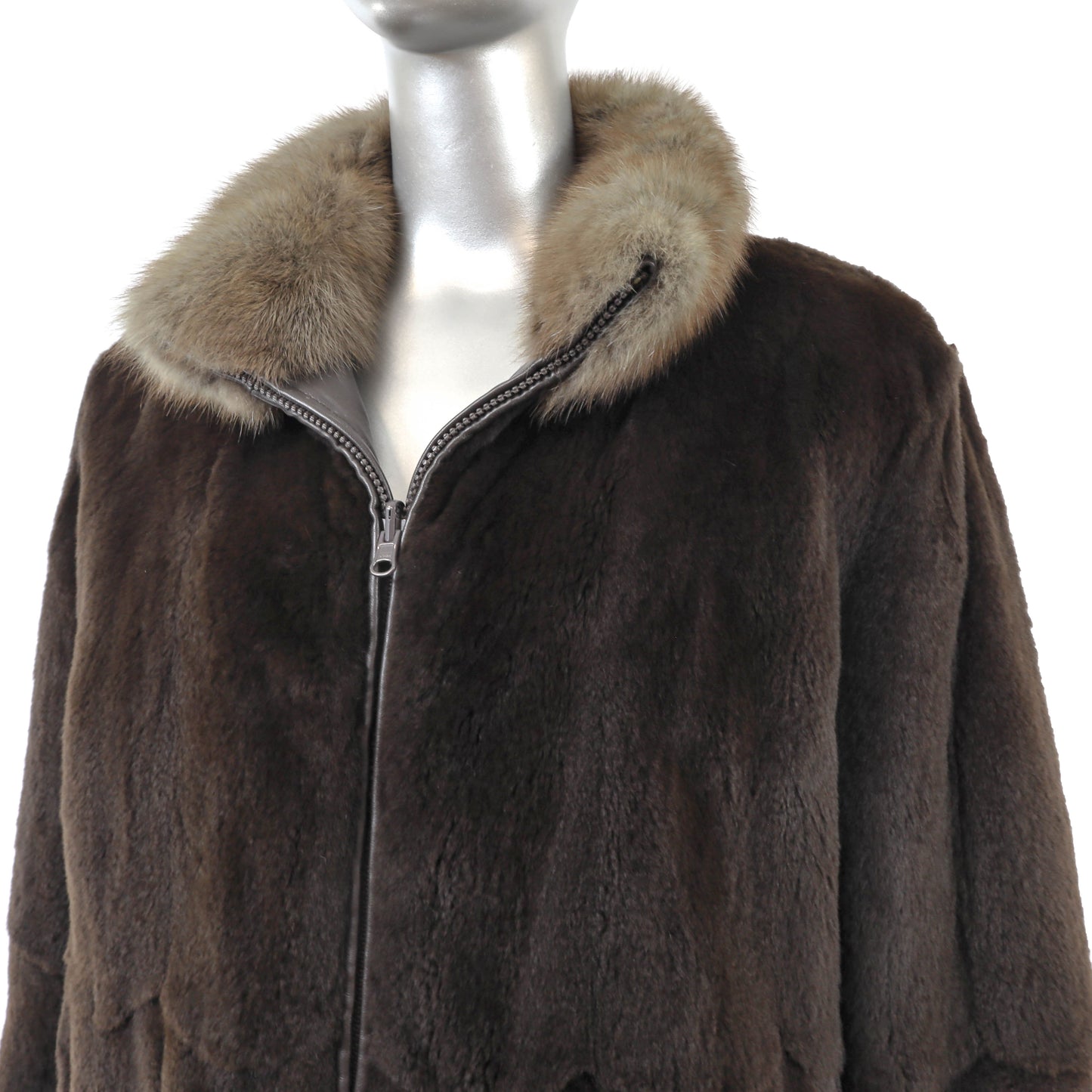 Sheared Mink Jacket Reversible to Leather with Sable Collar- Size M