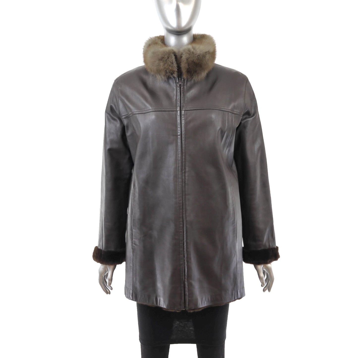 Sheared Mink Jacket Reversible to Leather with Sable Collar- Size M